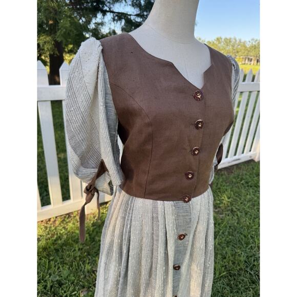 Vintage 70s Style Nur Trocken Reinigen 100% Linen Maxi Prairie Dress Boho Large - Picture 3 of 16